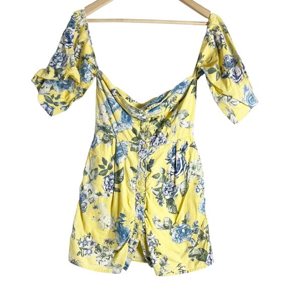 J.O.A. Yellow Floral Balloon Sleeve Off The Shoulder Mini Dress XS - Picture 4 of 14